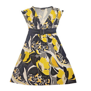 Vintage Tabloid Yellow Floral Cocktail/Evening Belted Dress Womens PS-Petite